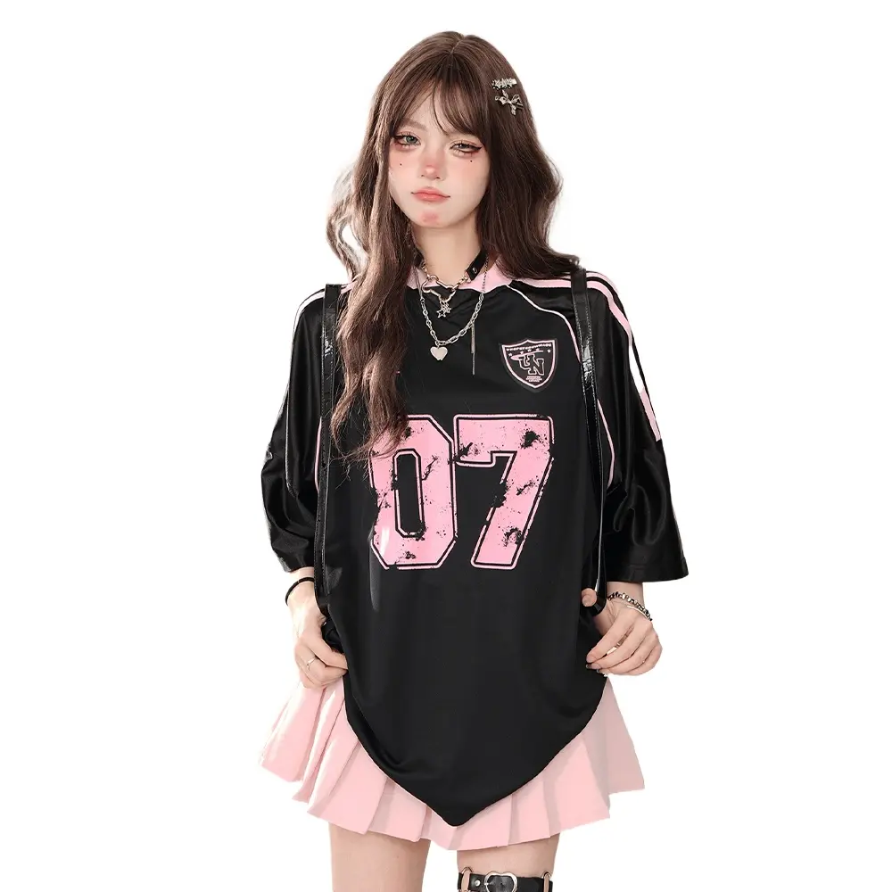 High Quality Hot Selling Wholesale Shoulder Short Sleeved T-shirt Women Versatile Spicy Girl Top Ball Uniform Oversized T Shirt