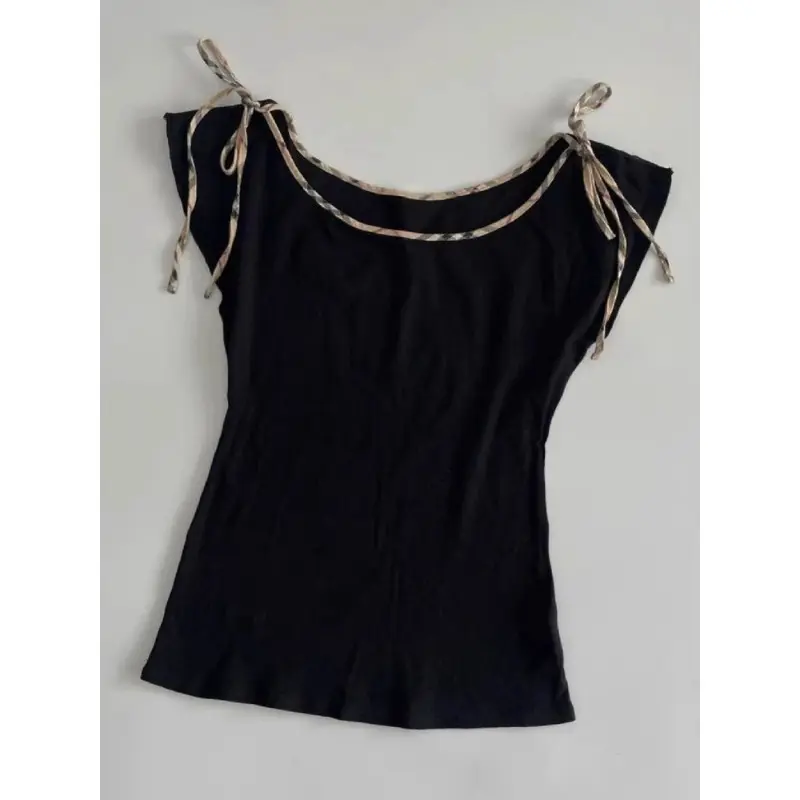 Sweet Japanese Vintage Black T Shirts Bow Tie Female 2024 Summer Simple Short Slleeves Top Slim Retro France Sexy Women Tees