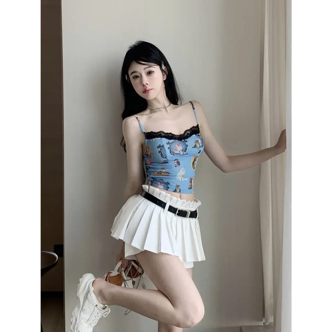 Hot Girl Cat Printed Vest Small Suspender Women's New Sexy Lace Sleeveless Short Style