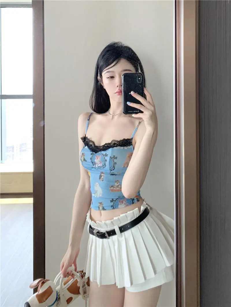 Hot Girl Cat Printed Vest Small Suspender Women's New Sexy Lace Sleeveless Short Style