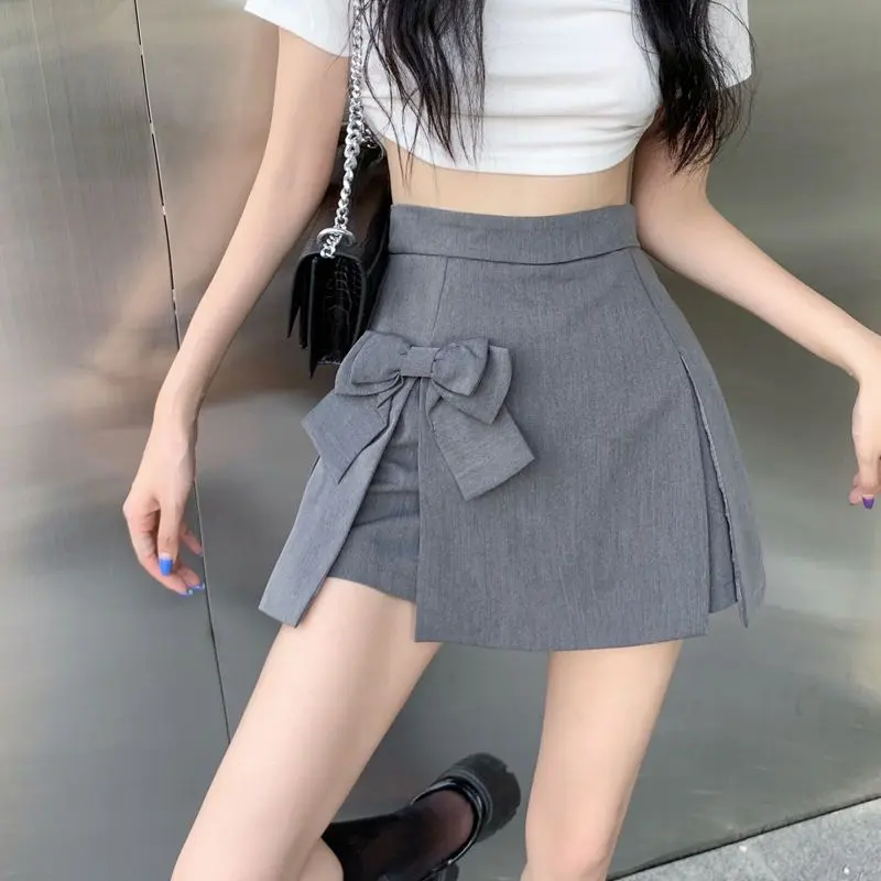 Women Korean Style Bow Split Sweet Chic Kawaii Y2K Sexy Mini Skirt 2024 Summer Female Solid High Waist Slim A Line Shorts Skirts