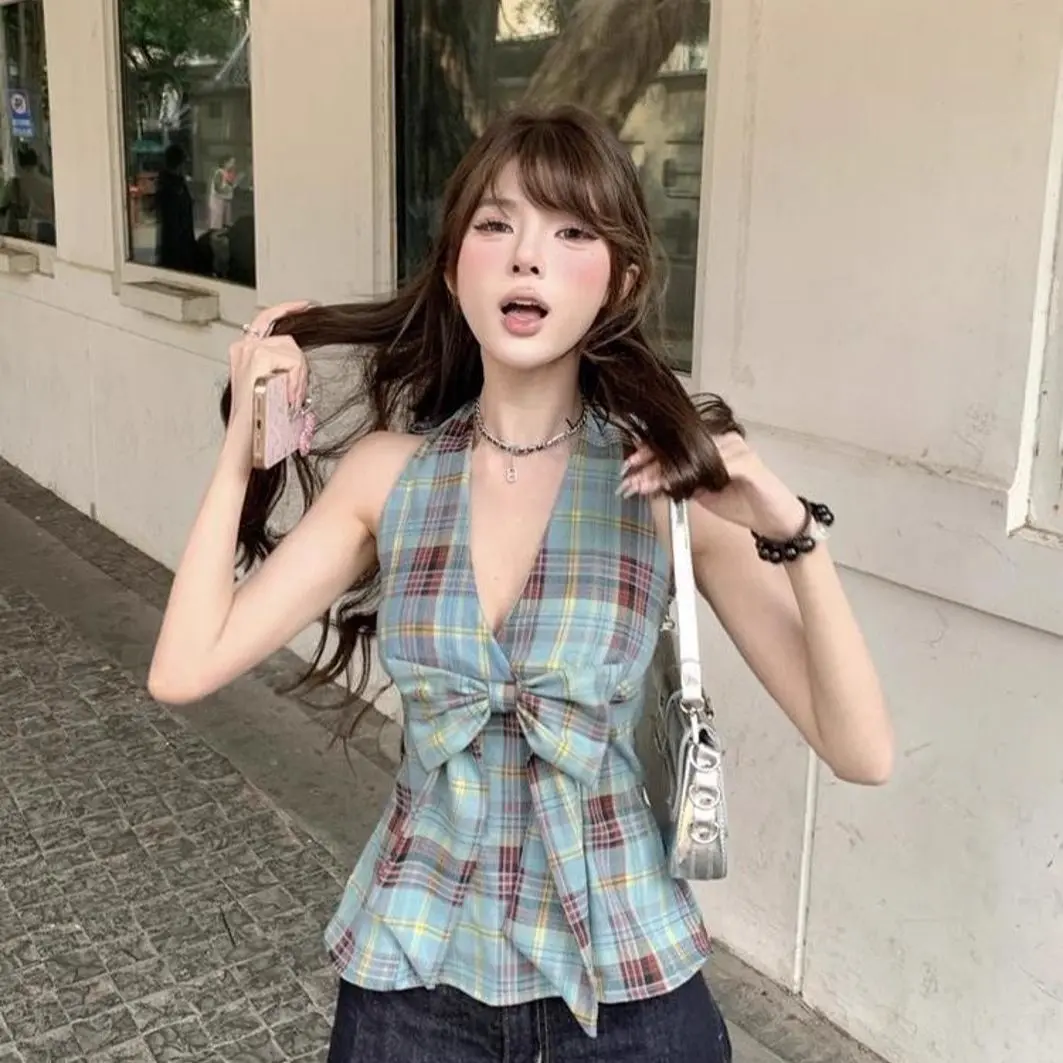 Sexy and Spicy Bow Tie Plaid Halter Tank Top New Summer Style Waist-Reducing Slimming Outerwear Women's Ins