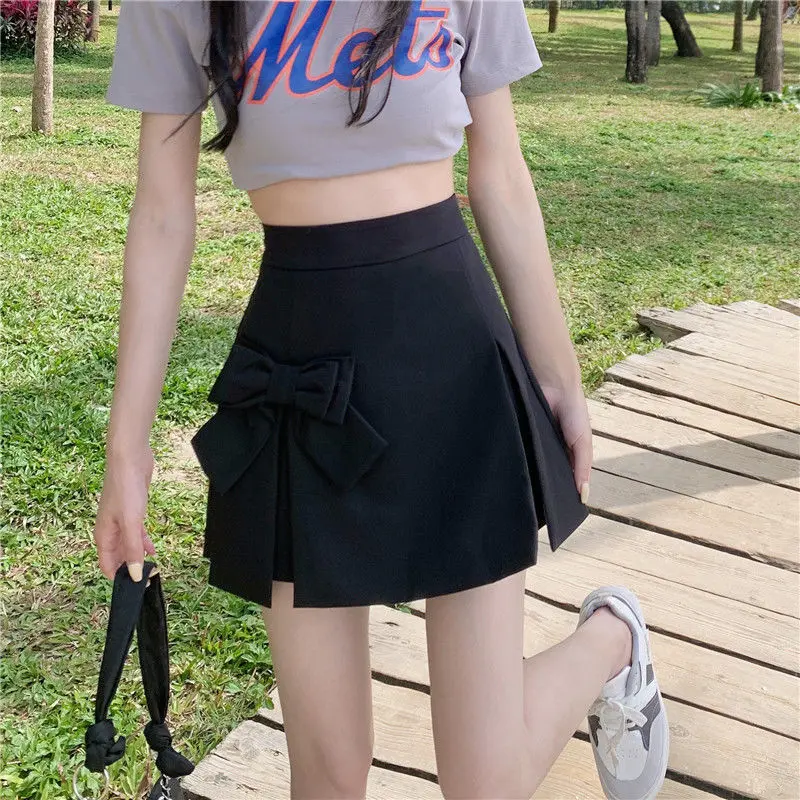 Women Korean Style Bow Split Sweet Chic Kawaii Y2K Sexy Mini Skirt 2024 Summer Female Solid High Waist Slim A Line Shorts Skirts