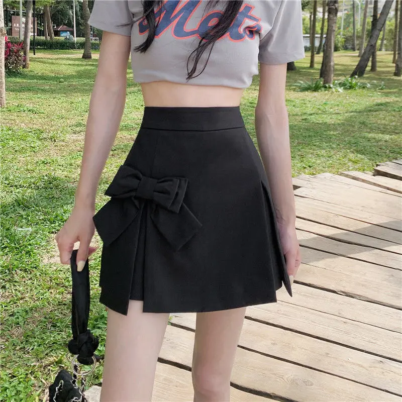 Women Korean Style Bow Split Sweet Chic Kawaii Y2K Sexy Mini Skirt 2024 Summer Female Solid High Waist Slim A Line Shorts Skirts