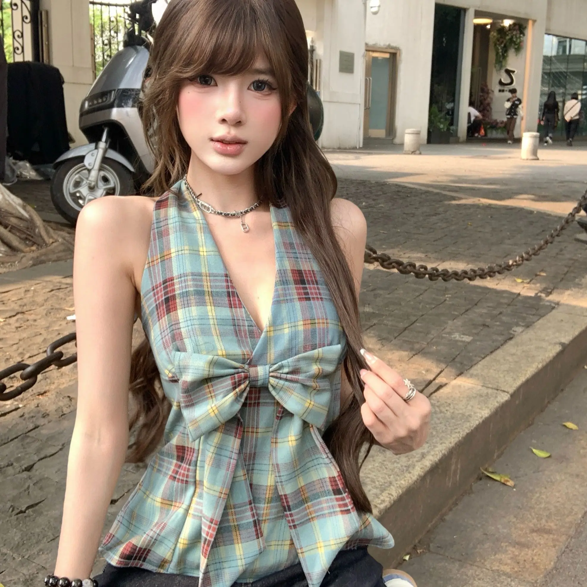 Sexy and Spicy Bow Tie Plaid Halter Tank Top New Summer Style Waist-Reducing Slimming Outerwear Women's Ins
