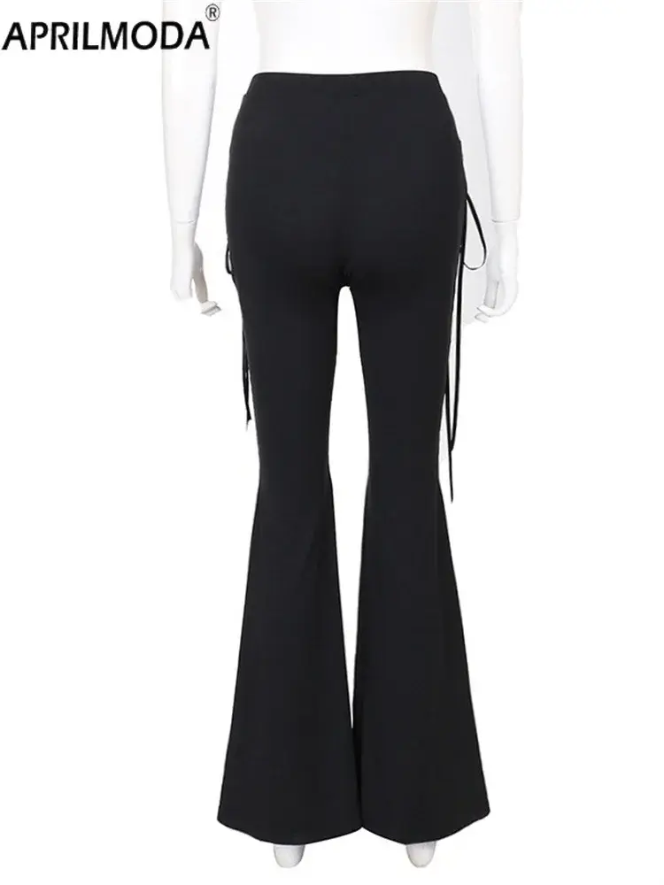 Gothic Eyelet Black Hollowed Out Flare Pants Fastion Streetwear Harajuku Aesthetic See Through Vintage Women Summer Trousers 90s