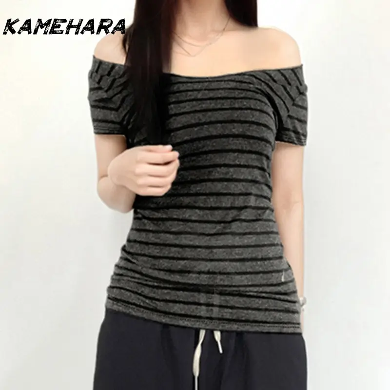 KAMEHARA Japanese Original Retro Striped Contrasting Splicing Short Sleeve T-shirts Spicy Sexy One Shoulder Tees Summer Ins Tops