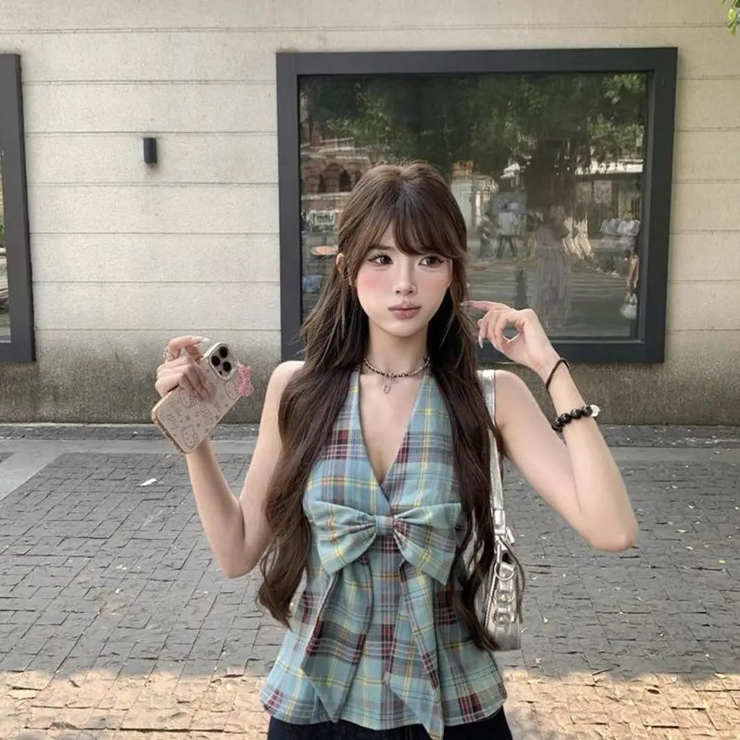 Sexy and Spicy Bow Tie Plaid Halter Tank Top New Summer Style Waist-Reducing Slimming Outerwear Women's Ins