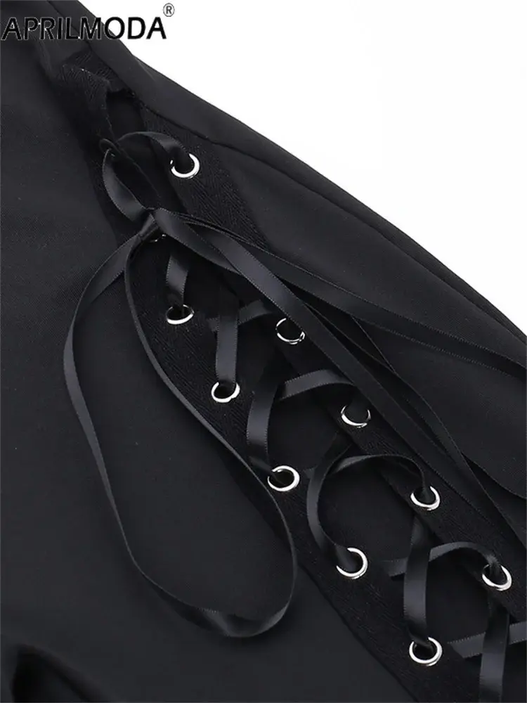 Gothic Eyelet Black Hollowed Out Flare Pants Fastion Streetwear Harajuku Aesthetic See Through Vintage Women Summer Trousers 90s