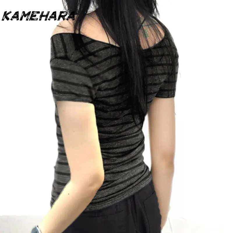 KAMEHARA Japanese Original Retro Striped Contrasting Splicing Short Sleeve T-shirts Spicy Sexy One Shoulder Tees Summer Ins Tops