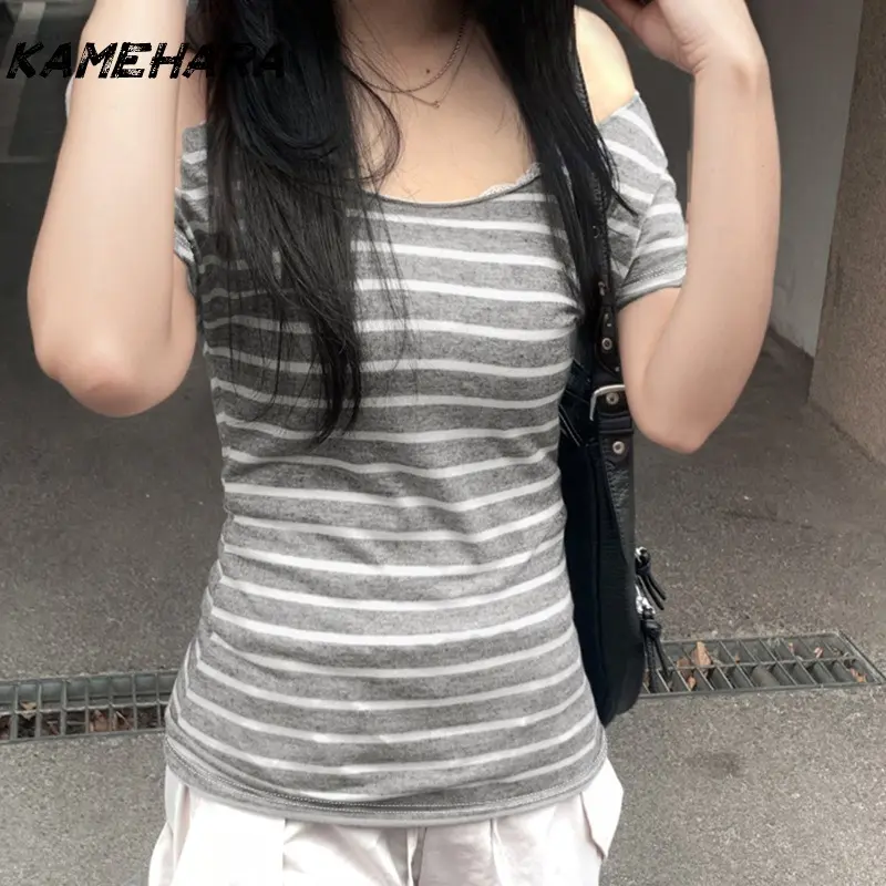 KAMEHARA Japanese Original Retro Striped Contrasting Splicing Short Sleeve T-shirts Spicy Sexy One Shoulder Tees Summer Ins Tops