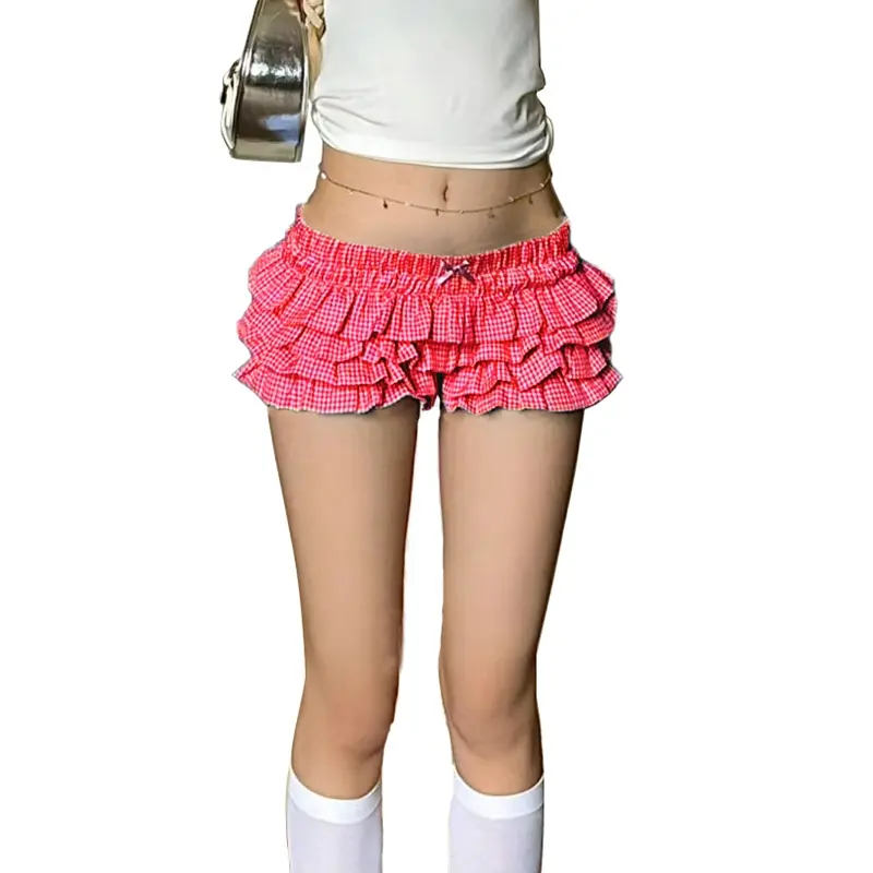 Cutest Layered Ruffles Shorts Lolita Cosplay Costume Y2K Vintage Plaid Print Bloomers Pants Women Low Waist Pumpkin Shorts