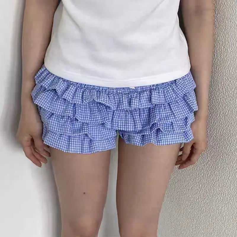 Cutest Layered Ruffles Shorts Lolita Cosplay Costume Y2K Vintage Plaid Print Bloomers Pants Women Low Waist Pumpkin Shorts