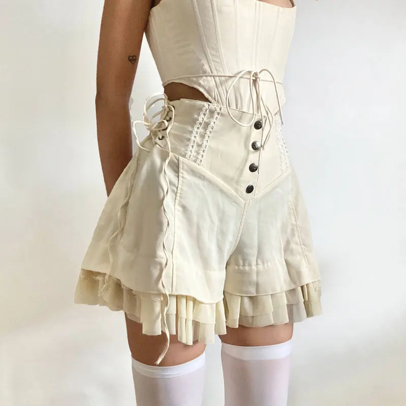 Y2K Bandage High Waist Shorts Women Khaki Sweet Mesh Tiered Ruffle Spliced A-Line Shorts Female Lolita Style Hot Short Pants