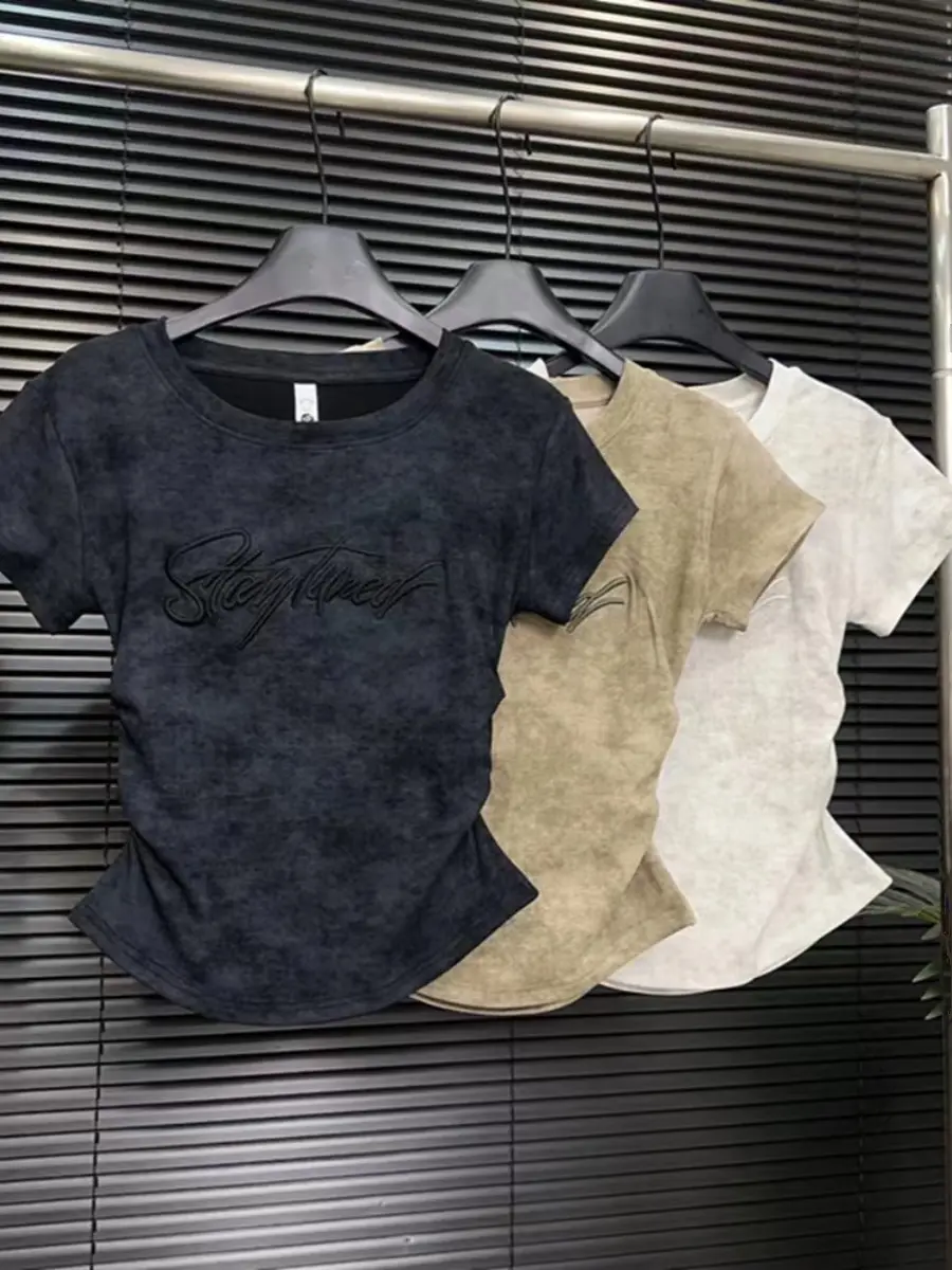 American Retro Waist Slimming Pleated Tie Dyed Short Sleeve T-shirt Summer New Spicy Girl Casual Slim Fit Tshirts Women Tops