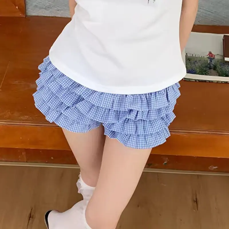 Cutest Layered Ruffles Shorts Lolita Cosplay Costume Y2K Vintage Plaid Print Bloomers Pants Women Low Waist Pumpkin Shorts