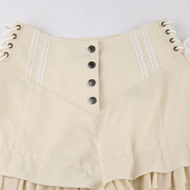 Y2K Bandage High Waist Shorts Women Khaki Sweet Mesh Tiered Ruffle Spliced A-Line Shorts Female Lolita Style Hot Short Pants
