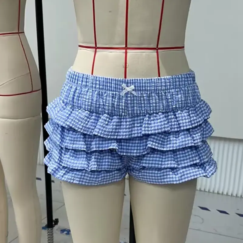 Cutest Layered Ruffles Shorts Lolita Cosplay Costume Y2K Vintage Plaid Print Bloomers Pants Women Low Waist Pumpkin Shorts