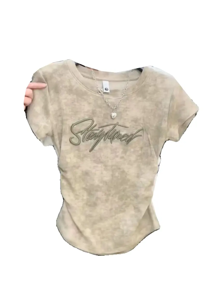 American Retro Waist Slimming Pleated Tie Dyed Short Sleeve T-shirt Summer New Spicy Girl Casual Slim Fit Tshirts Women Tops