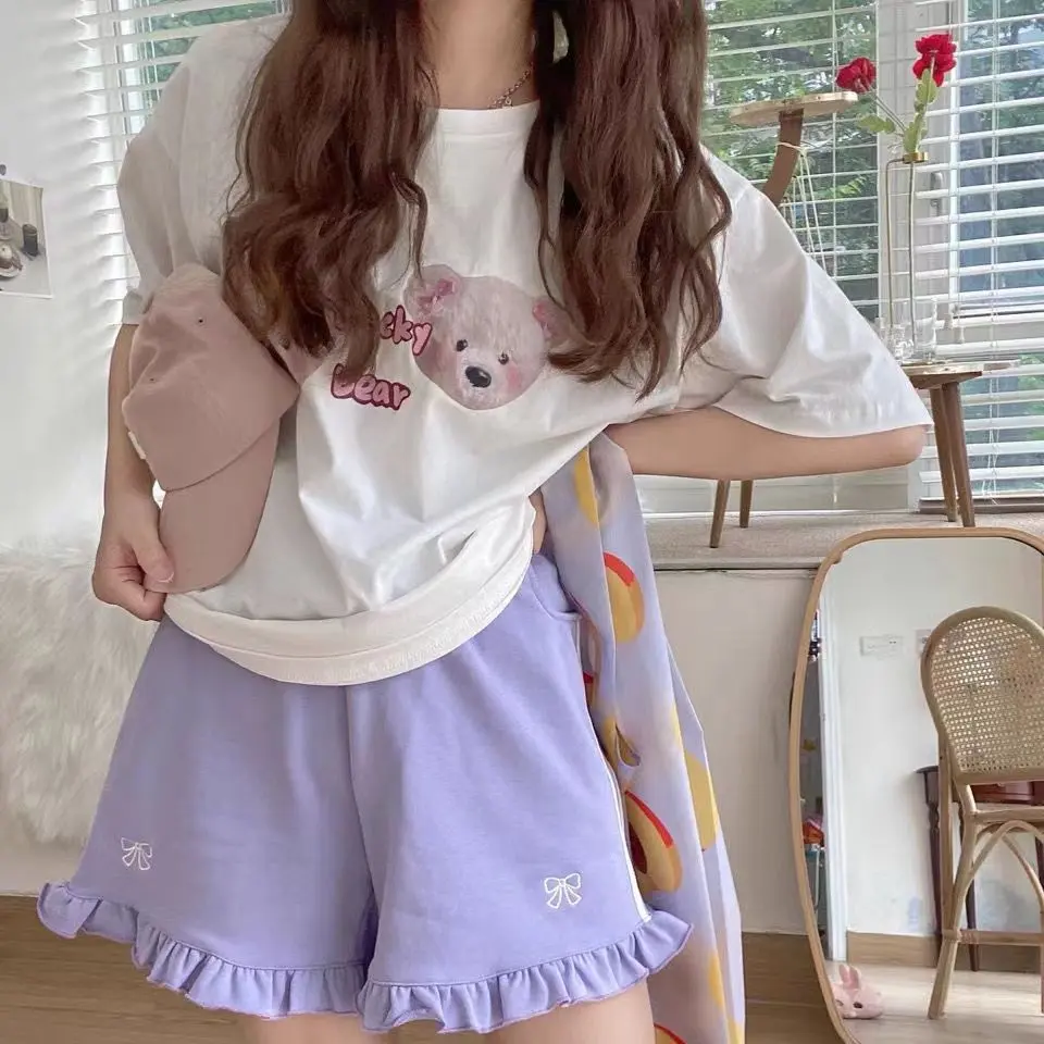 Design Sense Summer Motion Shorts Lady Youth 2024 New Solar System Embroidery Bow Loose Ruffles Appear Thin Wide Legs Shorts