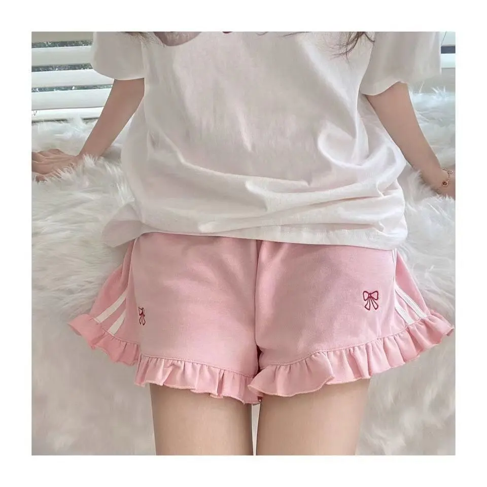 Design Sense Summer Motion Shorts Lady Youth 2024 New Solar System Embroidery Bow Loose Ruffles Appear Thin Wide Legs Shorts