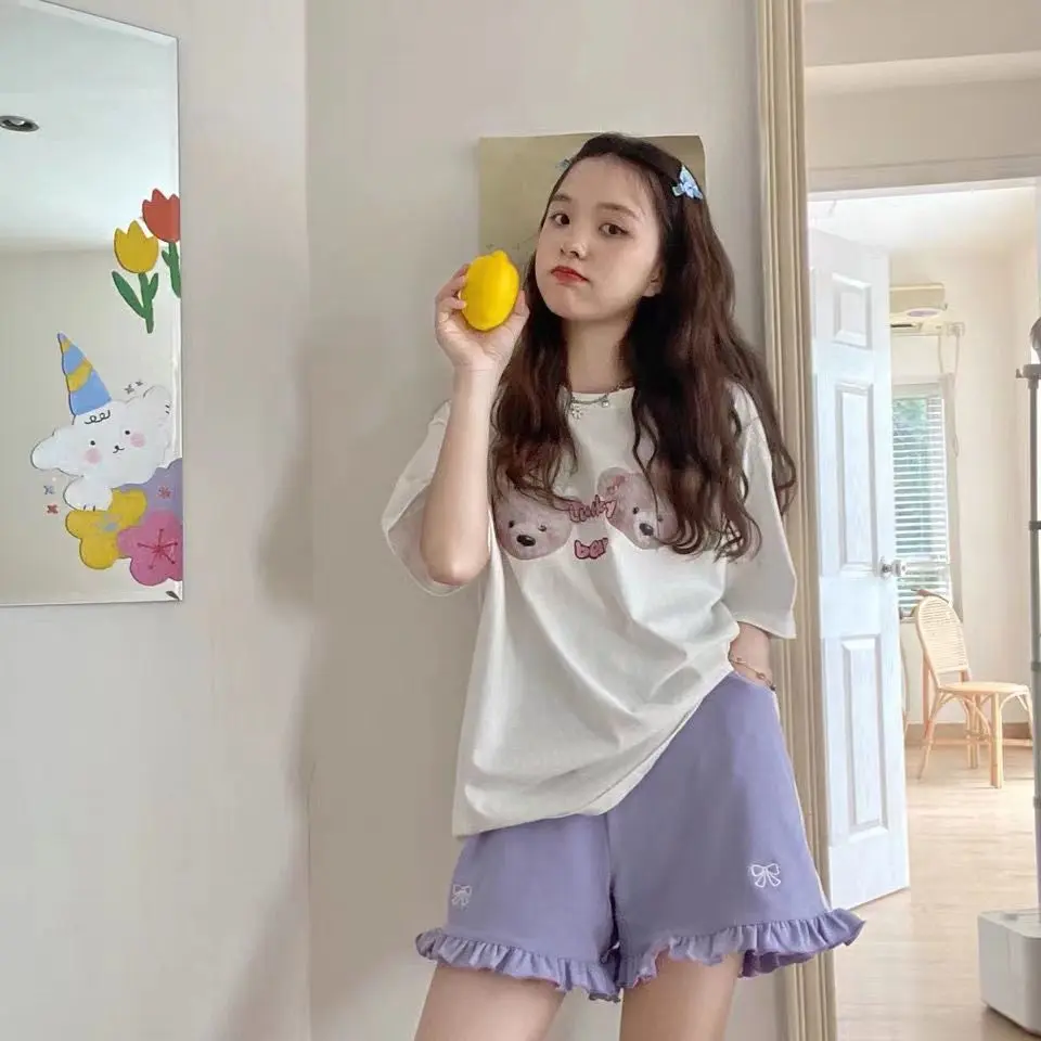 Design Sense Summer Motion Shorts Lady Youth 2024 New Solar System Embroidery Bow Loose Ruffles Appear Thin Wide Legs Shorts