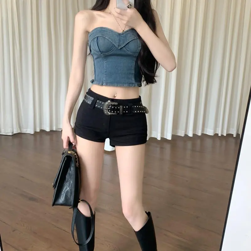 Summer Y2k Versatile Slim Low Waist Shorts Black Hot Pants