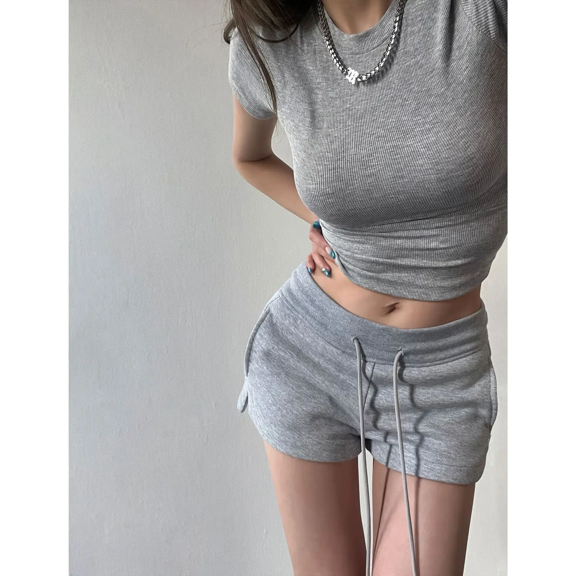 American Style Hot Girl Low Waist Drawstring Sports Shorts Women Summer Slim Fit Outdoor Wear Grey Wrap around Slimming Casual H