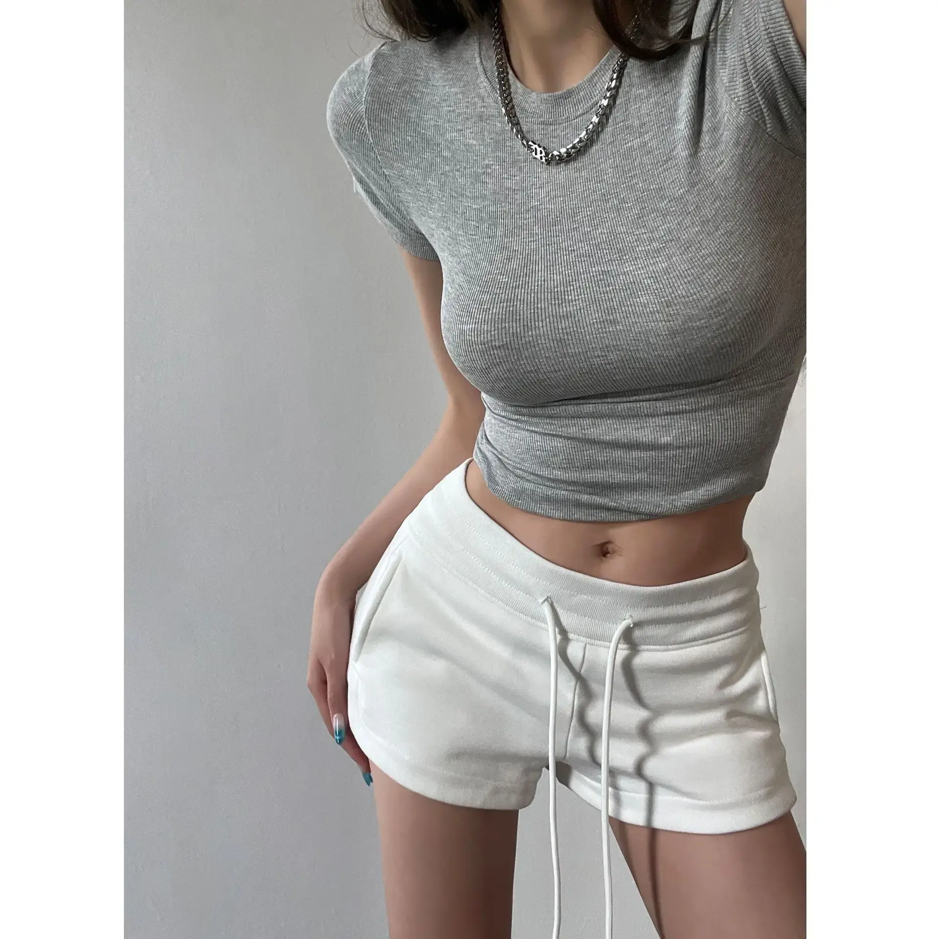 American Style Hot Girl Low Waist Drawstring Sports Shorts Women Summer Slim Fit Outdoor Wear Grey Wrap around Slimming Casual H