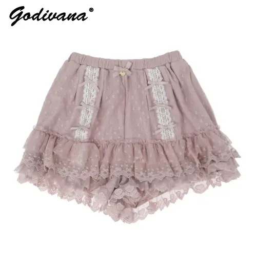 Japanese Style Sweet Cute Summer Lace Polka Dot Shorts Girl Female Bow Small Heart Elastic Waist Leggings Lolita Wide Leg Shorts