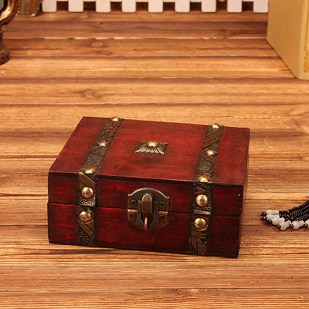 Useful Wood Treasure Chest Antique Style with Lock Storage Box Large Capacity Ring