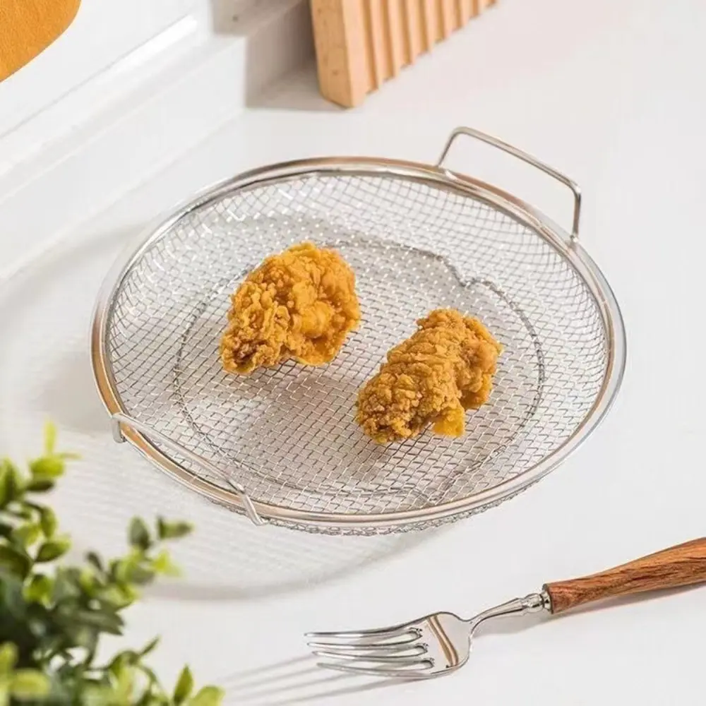 Round Stainless Steel Frying Filter with Binaural Handle Large Mesh Design Fried Strainer Oil Strainer Tray Rustproof Mesh Plate