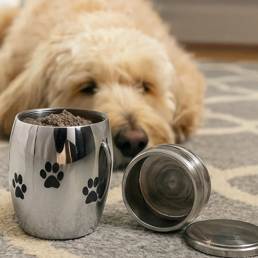 Stainless Steel Pet Cremation Urns Dustproof Waterproof Pet Memorial Urn Puppy Paw Pattern with Lid Ash Memorial Container