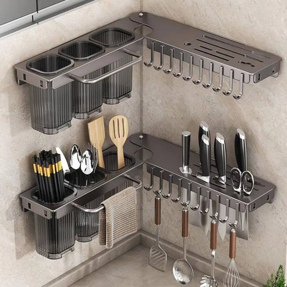 Wall Mounted Kitchen Storage Rack 90 Degree Rotation Space Saving Cutter Holder Large Capacity Moisture Resistant