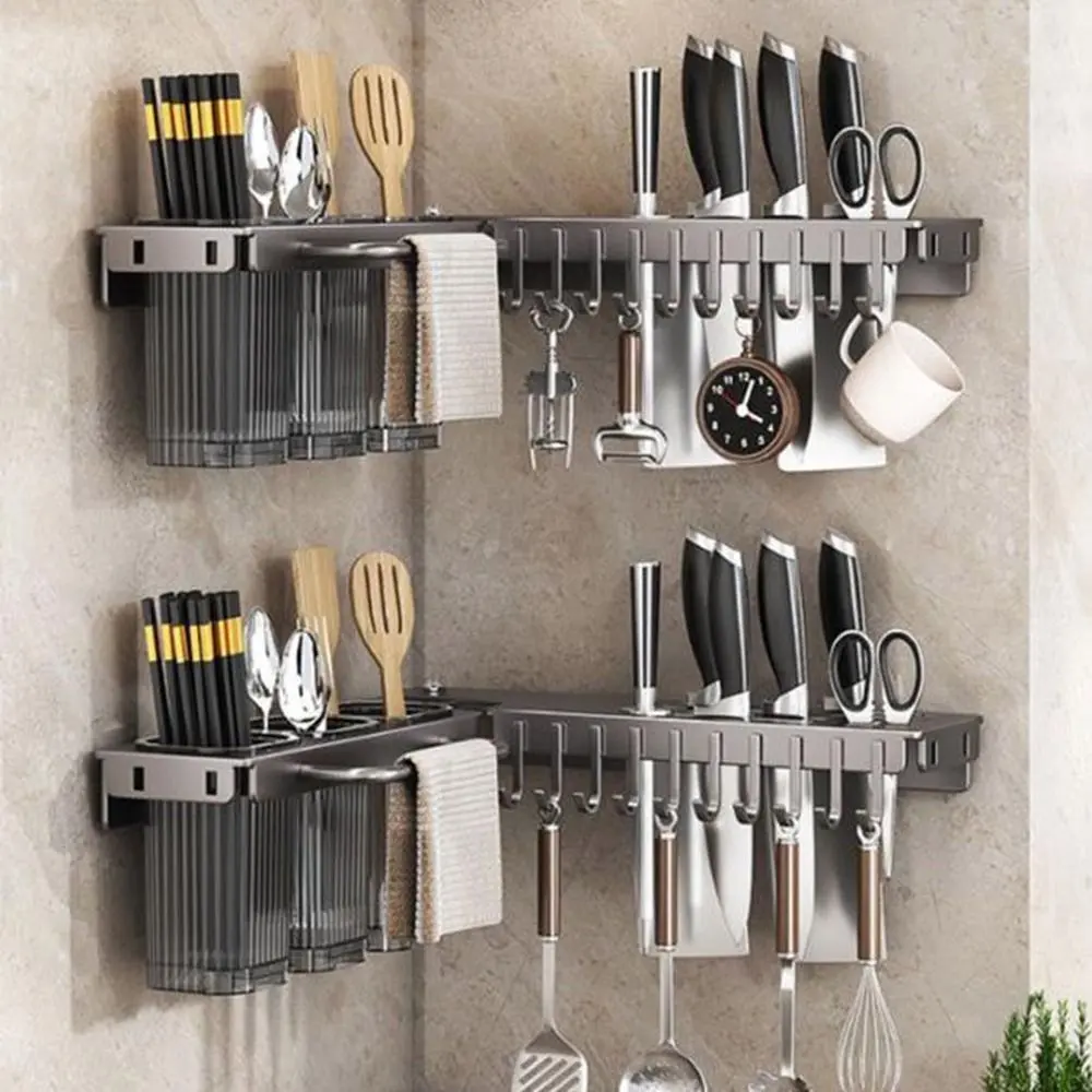 Wall Mounted Kitchen Storage Rack 90 Degree Rotation Space Saving Cutter Holder Large Capacity Moisture Resistant