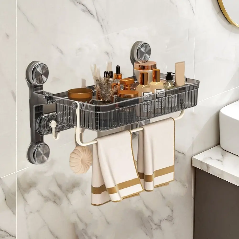 Wall Mounted Suction Cup Bathroom Shelf Large Capacity Space Saving Toilet Storage Racks with Towel Shelf and Hooks Plastic
