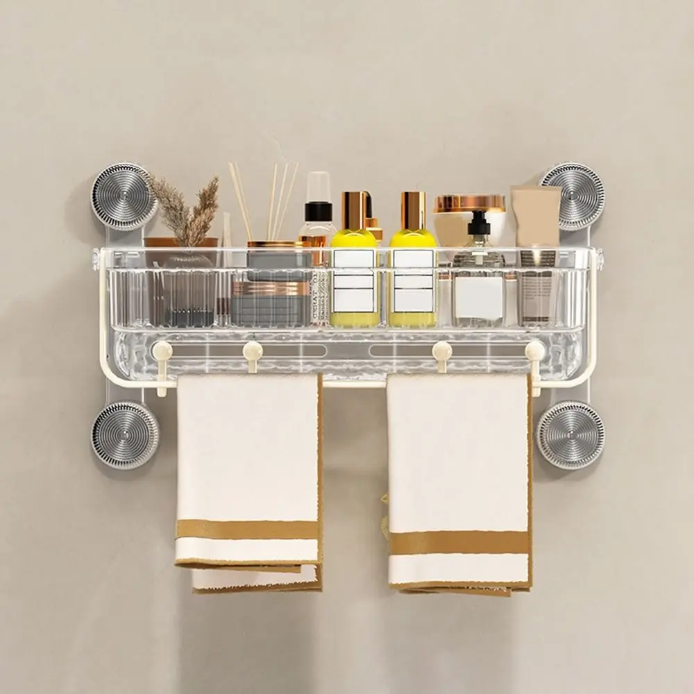 Wall Mounted Suction Cup Bathroom Shelf Large Capacity Space Saving Toilet Storage Racks with Towel Shelf and Hooks Plastic