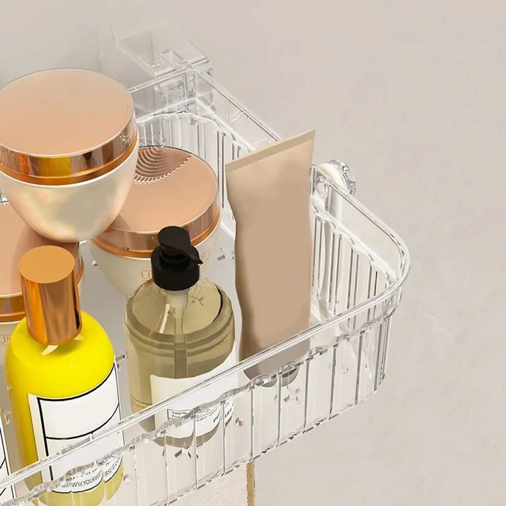 Wall Mounted Suction Cup Bathroom Shelf Large Capacity Space Saving Toilet Storage Racks with Towel Shelf and Hooks Plastic