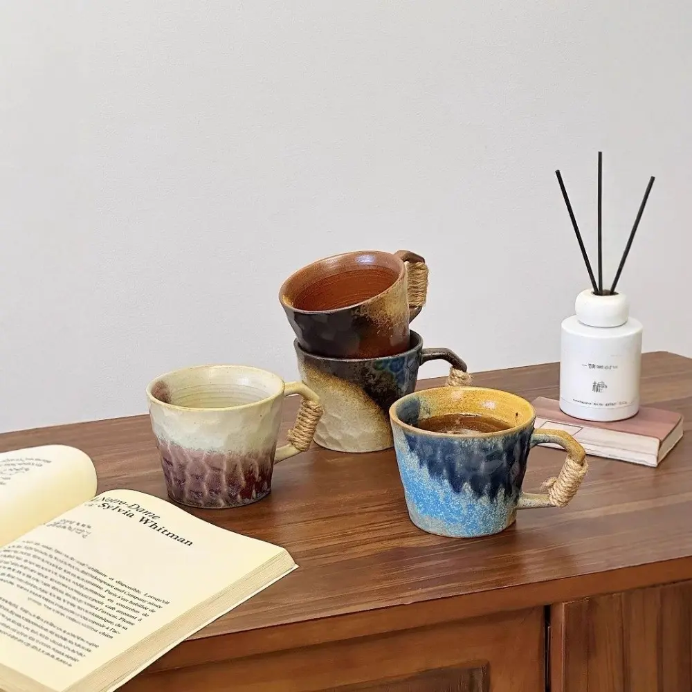 Tableware 380ML Retro Ceramic Cup Rustic Unique Coffee Mug Handcrafted Wide Mouth Cup Hotel