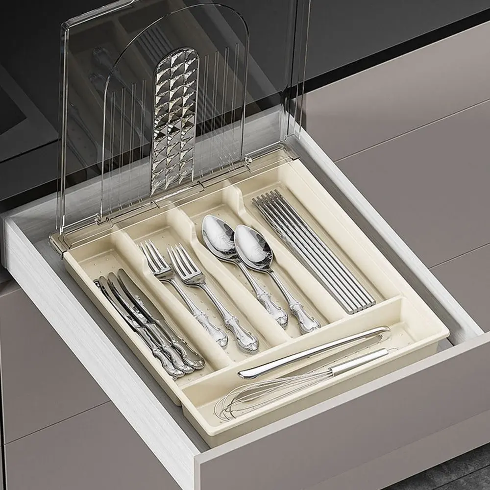 Plastic 5 Compartments Flatware Organizer Large Capacity Transparent Lid Cutlery Separation Trays Dustproof Cutlery Organizer