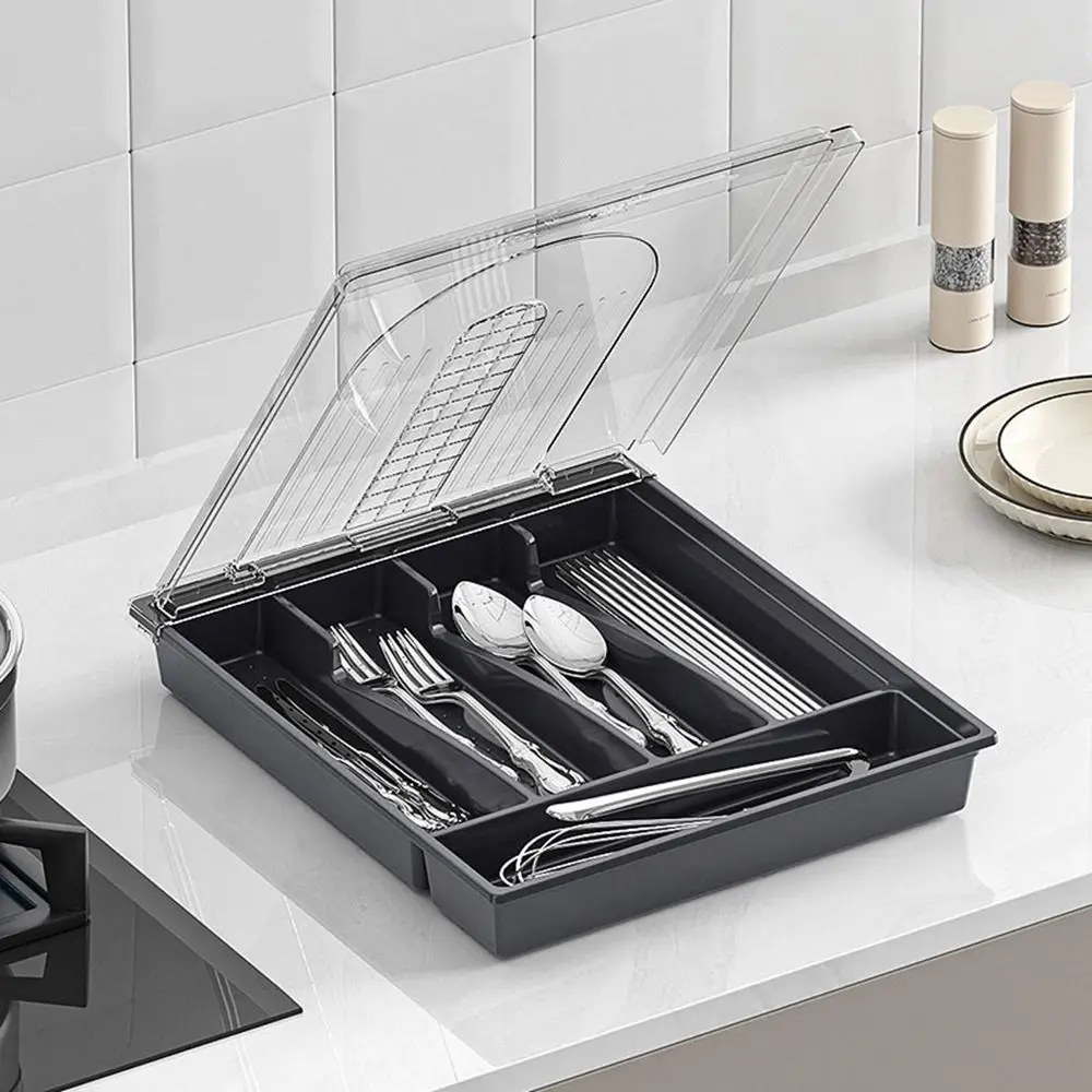 Plastic 5 Compartments Flatware Organizer Large Capacity Transparent Lid Cutlery Separation Trays Dustproof Cutlery Organizer