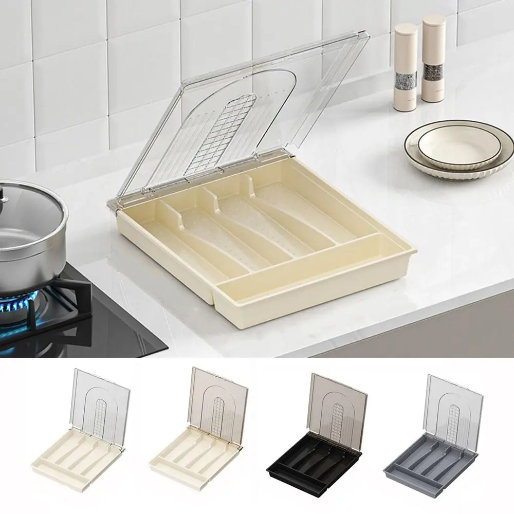 Plastic 5 Compartments Flatware Organizer Large Capacity Transparent Lid Cutlery Separation Trays Dustproof Cutlery Organizer