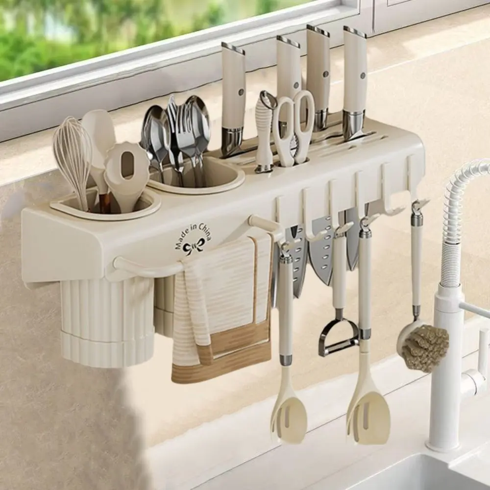 Carbon Steel Kitchen Storage Shelf Large Capacity Detachable Chopstick Holder with Bracket Hook Wall Mounted