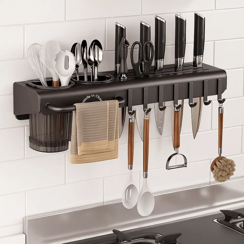 Carbon Steel Kitchen Storage Shelf Large Capacity Detachable Chopstick Holder with Bracket Hook Wall Mounted