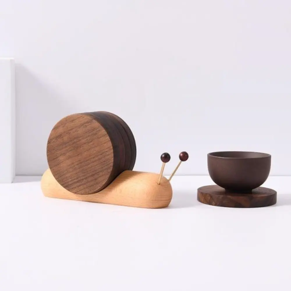 Cute Snail Shape Drink Coaster Set Walnut Wooden Heat Resistant Tea Cup Mat Magnetic Anti Slip Tea Tray Countertop
