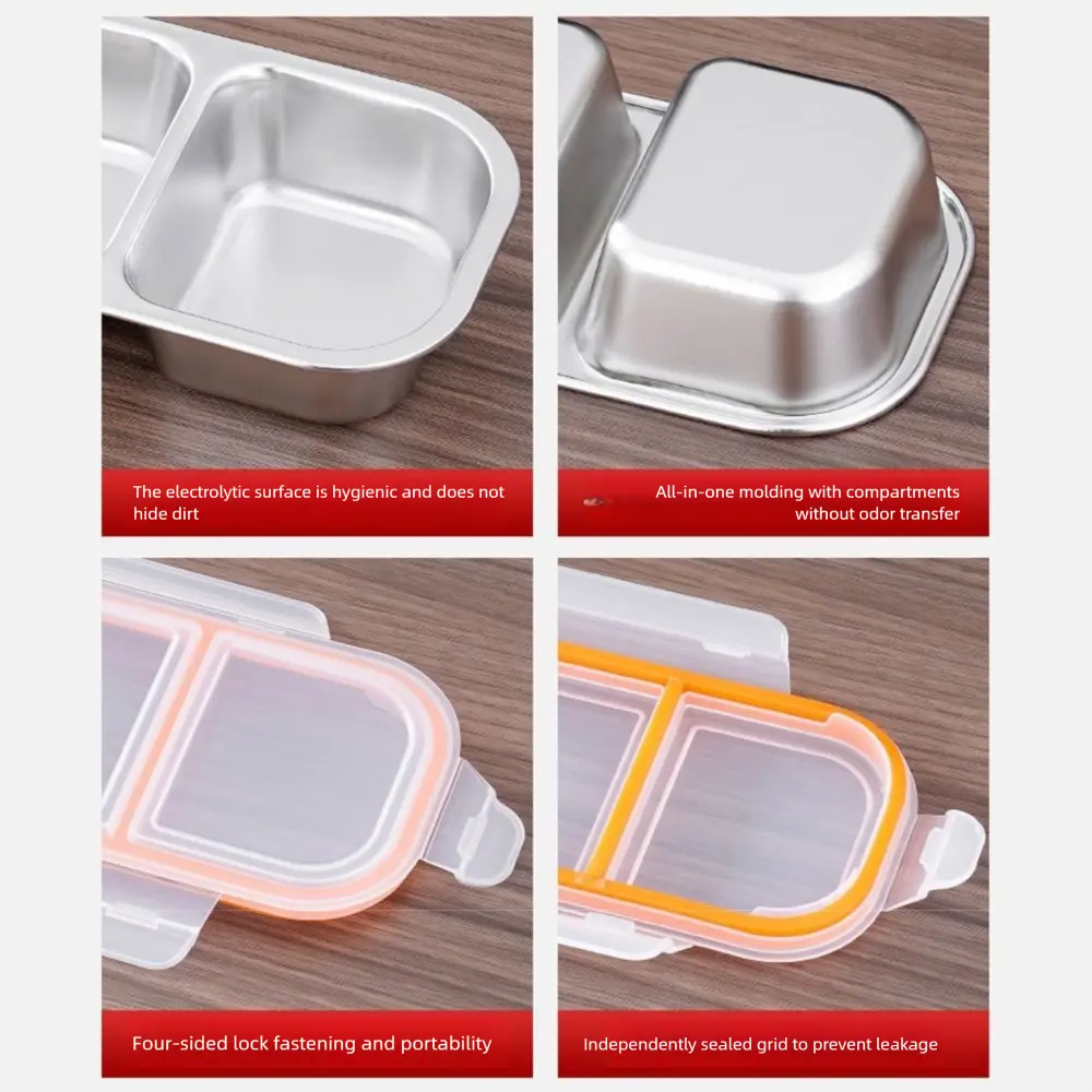 2/3 Grids Stainless Steel Lunch Box Fresh-keeping Sealed Food Storage Container Portable Microwave Safe Seasoning Tray Camping