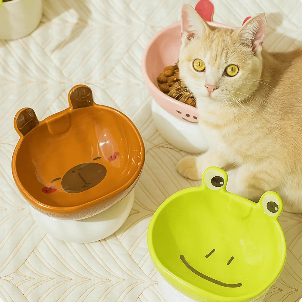 Food Dispenser Ceramic Cat Bowl Cute Anti Tipping Dog Food Feeding Basin Creative Non-slip Pet Drinking Feeder Neck Protection