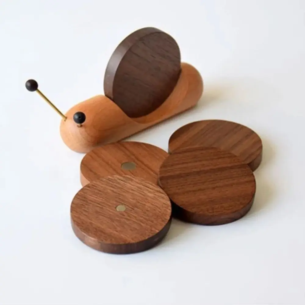 Cute Snail Shape Drink Coaster Set Walnut Wooden Heat Resistant Tea Cup Mat Magnetic Anti Slip Tea Tray Countertop