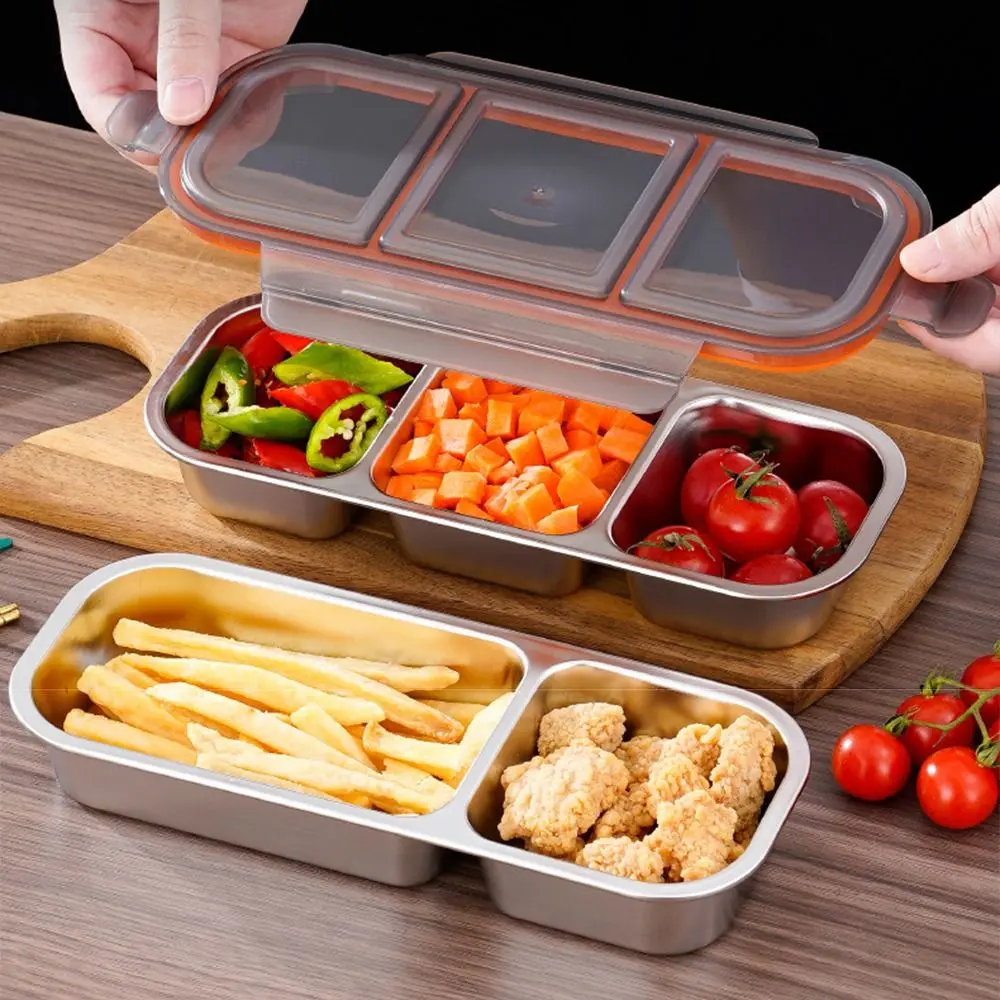 2/3 Grids Stainless Steel Lunch Box Fresh-keeping Sealed Food Storage Container Portable Microwave Safe Seasoning Tray Camping