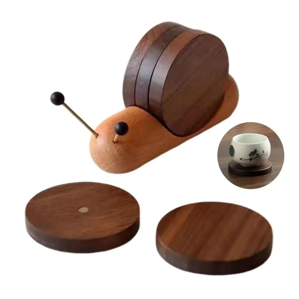Cute Snail Shape Drink Coaster Set Walnut Wooden Heat Resistant Tea Cup Mat Magnetic Anti Slip Tea Tray Countertop